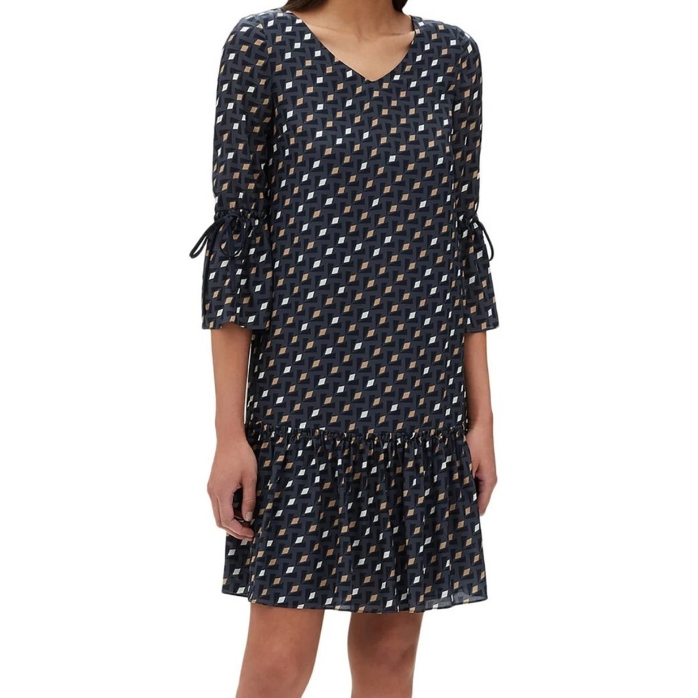 Lafayette 148 New York Navy Geometric Print Ruffle-Hem Dress